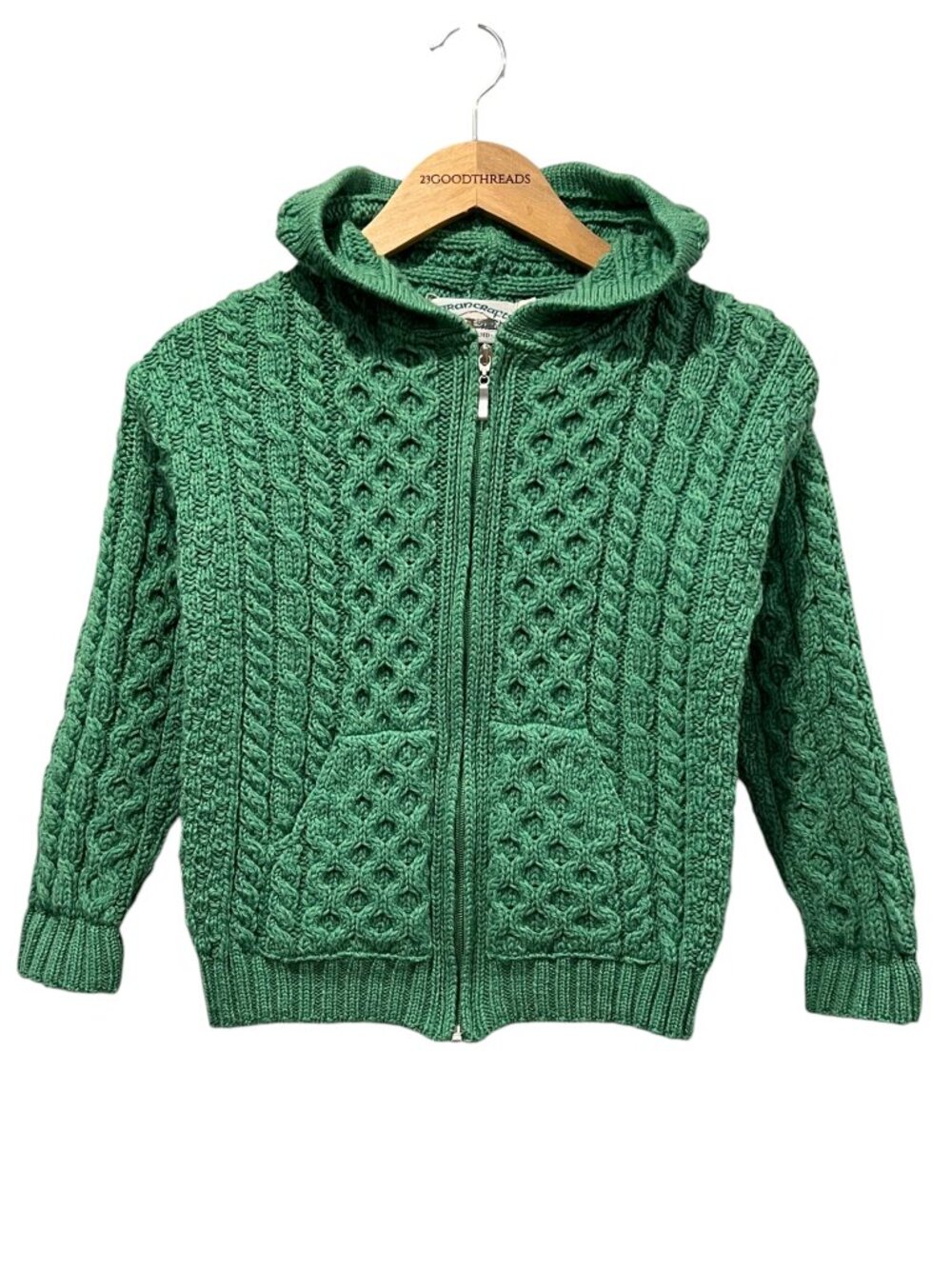 Aran Crafts Kid's Irish Cable Knit Hooded Zip Cardigan, Green Marl, 8-11 yrs